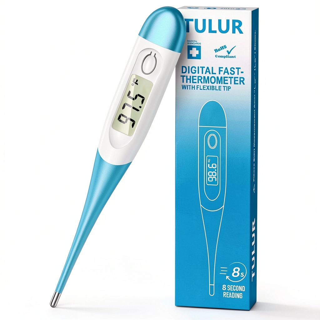 TULUR Digital Oral Thermometer GF-MT501 being used to take a child's temperature on a bedside table